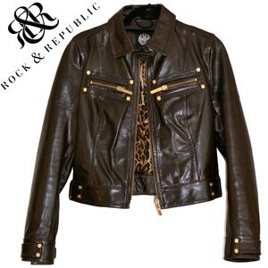 ROCK & REPUBLIC VICTORIA BECKHAM RARE Brown Leather Biker Moto Jacket